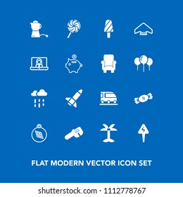 Modern, simple vector icon set on blue background with breakfast, compass, east, nature, weather, rainy, parachute, transportation, tea, palm, direction, north, wet, technology, lollipop, summer icons