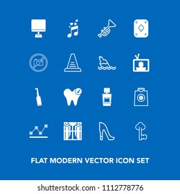 Modern, simple vector icon set on blue background with xray, retail, musical, buy, brush, dentist, window, shoe, trumpet, vintage, laptop, toothbrush, sale, style, scan, white, chart, high, key icons