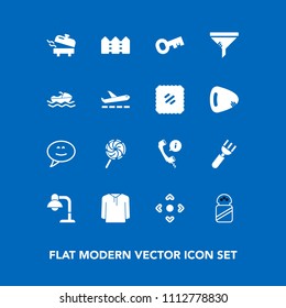 Modern, simple vector icon set on blue background with center, fork, chat, service, food, air, call, fence, sweet, white, heater, conditioner, speech, button, interior, restaurant, jacket, home icons