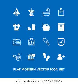 Modern, simple vector icon set on blue background with bank, banking, bathroom, classic, check, sign, rocket, drink, baby, spaceship, suitcase, wine, glass, retro, bag, document, identity, id icons