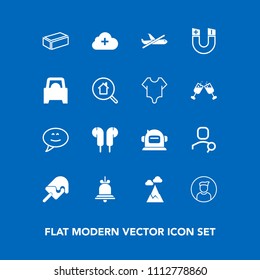 Modern, simple vector icon set on blue background with plane, web, bell, nature, internet, computer, vehicle, music, profile, landscape, building, car, alarm, space, blue, food, astronaut, cloud icons