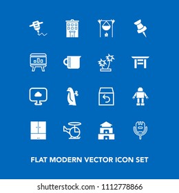 Modern, simple vector icon set on blue background with order, air, technology, estate, shipping, toy, aircraft, equipment, animal, robot, asia, helicopter, drill, transport, building, return icons