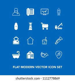 Modern, simple vector icon set on blue background with estate, phone, space, cosmos, business, clock, hospitality, communication, toilet, building, sign, technology, bellhop, uniform, astronaut icons