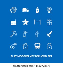 Modern, simple vector icon set on blue background with house, picking, bus, launch, guitar, radio, business, presentation, white, delivery, rocket, happy, protection, child, service, sign, pie icons