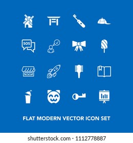 Modern, simple vector icon set on blue background with drink, shuttle, space, kitty, cute, key, care, clean, open, cap, launch, report, rocket, health, business, mill, cup, hygiene, wind, travel icons