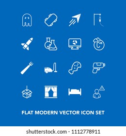 Modern, simple vector icon set on blue background with furniture, bed, alarm, chicken, scary, skate, spoon, home, medical, domestic, web, paper, double, flight, fly, pistol, halloween, equipment icons
