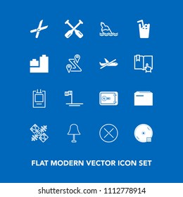 Modern, simple vector icon set on blue background with cut, canoe, finance, information, label, light, safe, blue, gardening, business, cold, communication, global, bank, pruning, close, sign icons