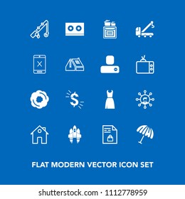 Modern, simple vector icon set on blue background with display, real, weather, cake, house, rain, dress, cooking, food, technology, market, parasol, shopping, fish, sport, screen, casette, white icons - Shutterstock ID 1112778959