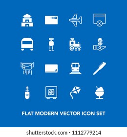 Modern, simple vector icon set on blue background with leisure, message, aircraft, transportation, communication, train, blackboard, sign, bus, mail, page, temple, lock, transport, school, plane icons