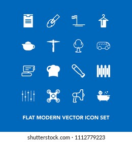 Modern, simple vector icon set on blue background with loudspeaker, baja, announcement, restaurant, protection, bat, food, box, child, beach, delivery, shower, blue, bath, sport, hanger, drone icons