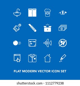 Modern, simple vector icon set on blue background with house, health, building, ball, sport, bathroom, website, drink, person, plane, airplane, phone, aircraft, home, mouse, tshirt, internet icons