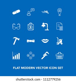 Modern, simple vector icon set on blue background with teeth, medical, basket, location, flight, spanner, reparation, medicine, data, person, shop, game, beauty, repair, lips, wrench, hammer icons