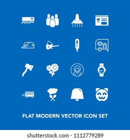 Modern, simple vector icon set on blue background with lady, speed, face, bowling, axe, gadget, kitty, sport, smart, restaurant, asian, hat, young, transport, chief, ball, nature, hood, guitar icons