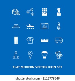 Modern, simple vector icon set on blue background with road, chocolate, transport, business, launch, doorknob, brush, travel, report, shuttle, pin, food, screen, hanger, tshirt, typography, air icons