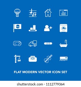 Modern, simple vector icon set on blue background with building, health, truck, saw, conditioner, medical, construction, parachute, website, direction, estate, air, sign, leather, sound, cello icons