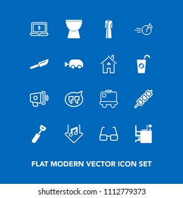 Modern, simple vector icon set on blue background with airport, spoon, music, office, luggage, cooking, food, kebab, eye, table, loudspeaker, loud, bubble, eyeglasses, barbecue, musical, baggage icons