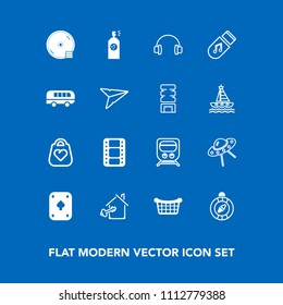 Modern, simple vector icon set on blue background with south, ufo, game, paint, transport, railway, music, film, north, leather, travel, space, fashion, video, dvd, home, train, stereo, store icons