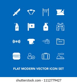 Modern, simple vector icon set on blue background with sky, bow, parachuting, fork, office, clothes, dinner, elegance, tie, profile, internet, sport, ironing, luggage, cutlery, snack, storage icons
