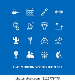 Modern, simple vector icon set on blue background with music, lamp, parachuting, table, communication, day, screen, white, sky, green, lollipop, desert, water, cactus, parachute, timetable, time icons