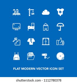 Modern, simple vector icon set on blue background with cook, dryer, hair, saw, home, cloud, chef, water, office, baby, fashion, uniform, file, good, display, paper, upstairs, pinafore, pool, up icons