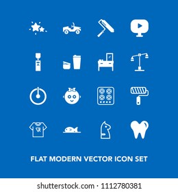 Modern, simple vector icon set on blue background with print, sky, meat, dentist, game, kitchen, tool, dental, switch, tshirt, sign, button, video, astronomy, horse, cook, child, paint, strategy icons