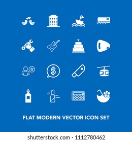 Modern, simple vector icon set on blue background with sky, meat, label, architecture, beauty, makeup, cocktail, profile, knife, bottle, online, price, lipstick, bird, cut, frame, glass, tag icons