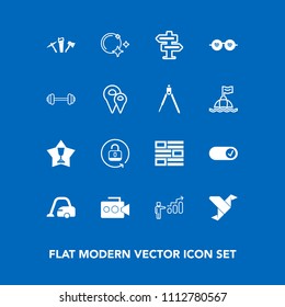 Modern, simple vector icon set on blue background with hippie, award, winner, art, protection, vacuum, origami, unlock, handle, open, camera, sky, film, moon, housework, first, hammer, progress icons