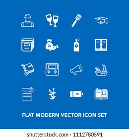 Modern, simple vector icon set on blue background with bag, agriculture, book, sound, battery, electricity, estate, loud, military, web, red, literature, drink, textbook, energy, travel, power icons
