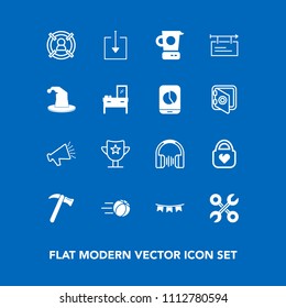 Modern, simple vector icon set on blue background with repair, happy, kitchen, ball, target, object, customer, wrench, industrial, celebration, marketing, game, football, sport, spanner, award icons