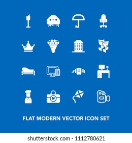 Modern, simple vector icon set on blue background with clean, work, brush, rain, office, care, wine, white, couch, card, home, hygiene, health, alien, desk, cheese, video, payment, chair, handle icons