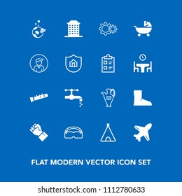 Modern, simple vector icon set on blue background with finger, concept, musical, boy, music, people, outdoor, pottery, water, hand, child, boot, tap, architecture, travel, male, bathroom, space icons
