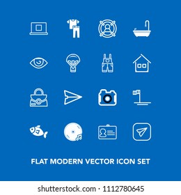 Modern, simple vector icon set on blue background with photography, clothing, sound, leather, fashion, seafood, communication, object, body, profile, business, toilet, id, blue, bag, identity icons