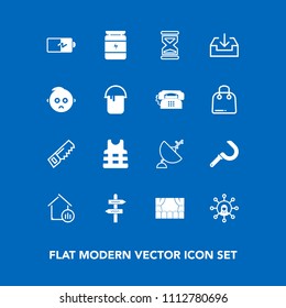 Modern, simple vector icon set on blue background with timer, jacket, energy, way, arrow, sport, power, life, nutrition, sand, full, agriculture, antenna, fitness, hour, white, sign, real, house icons