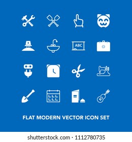 Modern, simple vector icon set on blue background with energy, calendar, craft, shovel, schedule, wrench, machine, canoe, time, tool, spanner, asian, hammer, musical, hand, minute, fashion, boat icons