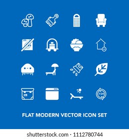 Modern, simple vector icon set on blue background with pretty, plant, vacation, umbrella, grater, kitchen, fiction, service, space, website, person, browser, sunbed, tree, leaf, alien, support,  icons
