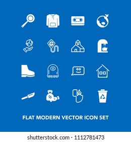 Modern, simple vector icon set on blue background with fork, retro, lollipop, trash, lighter, dinner, alien, kitchen, cooking, tape, recycle, audio, recycling, fire, architecture, food, chat icons