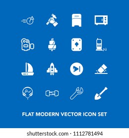 Modern, simple vector icon set on blue background with foreman, media, space, furniture, office, bedroom, wrench, sound, craft, shovel, man, helmet, double, erase, eraser, spaceship, bed, sport icons