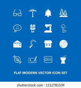 Modern, simple vector icon set on blue background with bank, safety, communication, umbrella, envelope, forest, sign, pen, tire, auto, ribbon, sickle, eye, culture, message, pay, mail, house icons