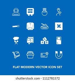 Modern, simple vector icon set on blue background with field, flashlight, luggage, restaurant, trailer, airport, bag, pole, map, spacesuit, route, location, cosmonaut, laboratory, magnetic, card icons
