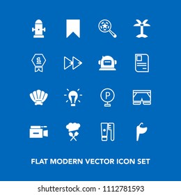 Modern, simple vector icon set on blue background with video, white, film, fashion, template, water, health, hydrant, chief, bulb, sink, sea, safety, shell, shorts, hygiene, microphone, camera icons