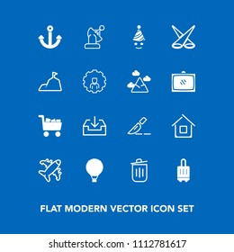 Modern, simple vector icon set on blue background with cart, surgery, medical, commerce, architecture, sky, bag, luggage, trash, home, anchor, celebration, can, estate, scene, house, jump, clown icons