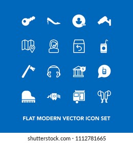 Modern, simple vector icon set on blue background with headphone, headset, hammer, cheese, banking, axe, surveillance, kitchen, technology, construction, trailer, telephone, tool, sound, food icons