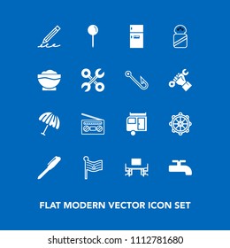 Modern, simple vector icon set on blue background with office, music, crane, weather, pencil, flag, refrigerator, umbrella, food, hand, pen, education, audio, nautical, rudder, pin, freezer, map icons