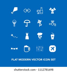 Modern, simple vector icon set on blue background with extreme, restaurant, hot, holiday, glass, sport, jump, flower, exercise, parachuting, spring, dress, drink, summer, workout, flag, cooler icons