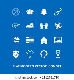 Modern, simple vector icon set on blue background with sign, bodysuit, alarm, water, photo, victory, competition, musical, girl, home, shovel, model, newspaper, sound, picture, circus, japan icons
