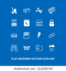 Modern, simple vector icon set on blue background with paper, hyperlink, link, store, dirt, construction, weather, text, audio, office, white, cargo, boxing, package, material, competition, cut icons