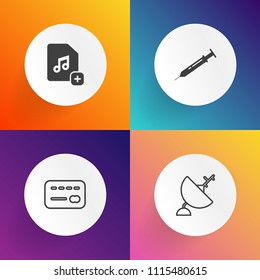 Modern, simple vector icon set on gradient backgrounds with credit, finance, money, technology, tool, add, medical, card, equipment, paper, radar, computer, space, wireless, needle, radio, bank icons