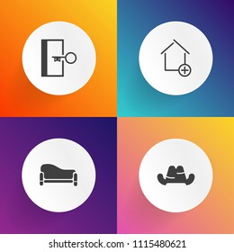 Modern, simple vector icon set on gradient backgrounds with sign, door, new, uniform, safety, clothing, security, room, sofa, object, apartment, wear, people, lifestyle, cap, emergency, couch icons