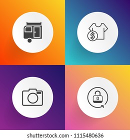 Modern, simple vector icon set on gradient backgrounds with recreational, travel, summer, purchase, sky, price, photo, camp, protection, clothes, padlock, journey, open, focus, black, lens, lock icons
