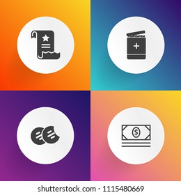 Modern, simple vector icon set on gradient backgrounds with office, cookie, sweet, white, bank, delicious, chocolate, medicine, file, brown, food, concept, banking, business, document, page, web icons